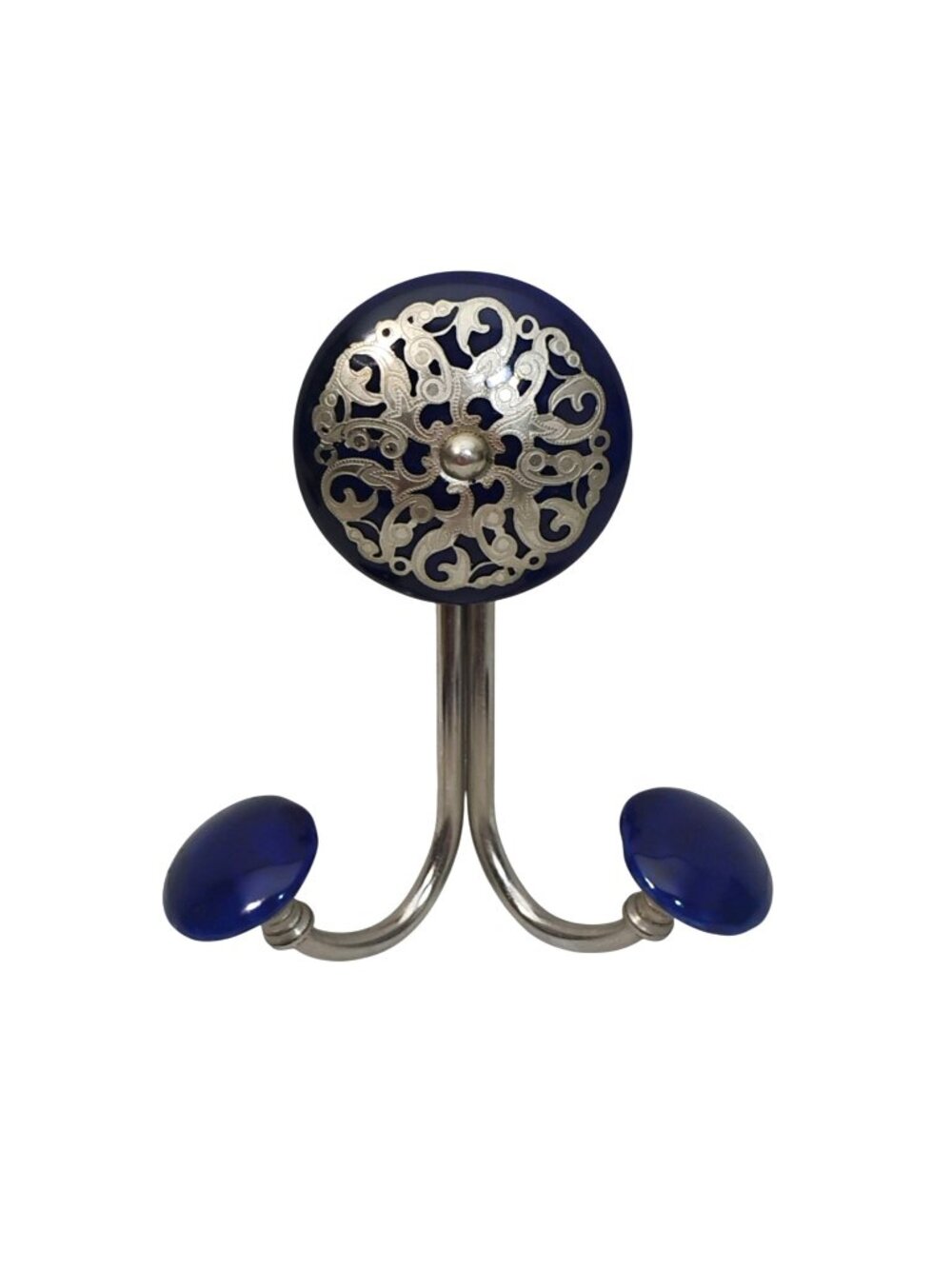 Vintage Silver Filigree Overlay Cobalt Blue Ceramic Double Wall Hanging Hook